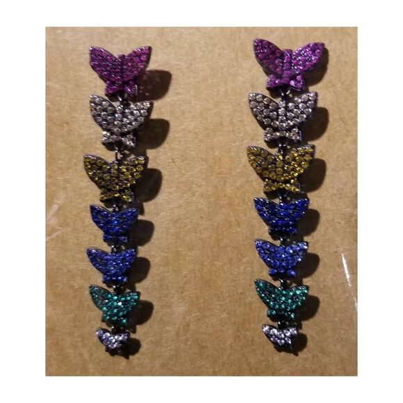 Sparkly Colorful Rhinestone Rainbow Pavé Crystals Dangling Butterfly Earrings - Picture 4 of 6